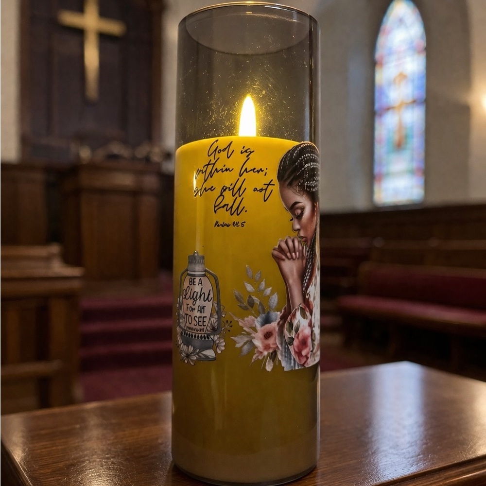 Yellow Decorative Prayer Flameless Candle with Floral Art